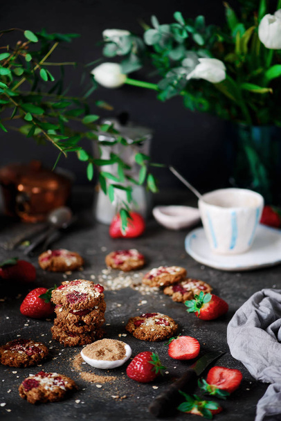 Strawberry oatmeal vegan cookies..style rustic - Photo, Image