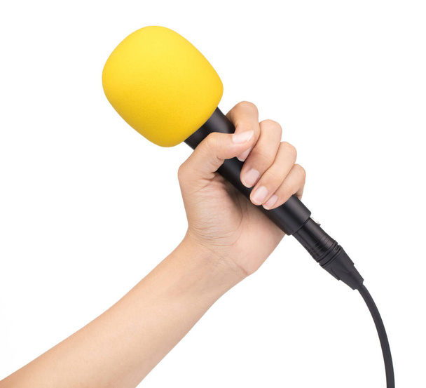 Hand hält ein Mikrofon mit Schwamm auf dem Kopf isoliert auf weiß  - Foto, Bild