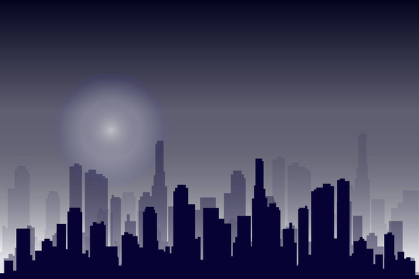 Flat cityscape. Vector illustration. Modern City Skyline, Daytime Panoramic Urban Landscape with Silhouette Buildings and Skyscraper Towers in moon light. - Vector, Image