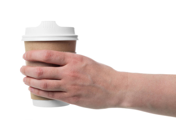 Кубок термоса для гарячих напоїв у жіночій руці, ізольований на білому. - Фото, зображення