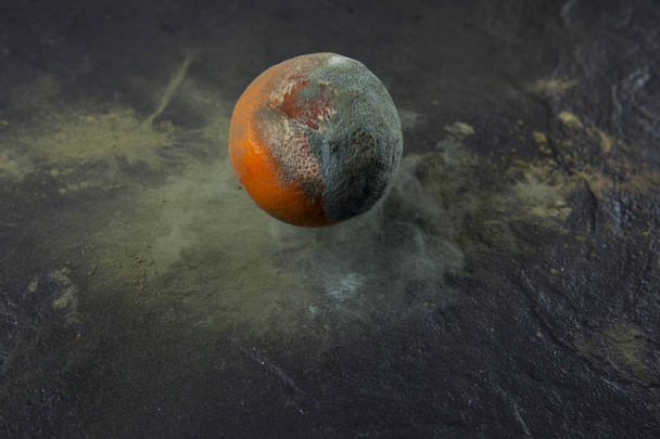 Falling rotten orange. In flight on a dark background. Dust. Rot - Φωτογραφία, εικόνα