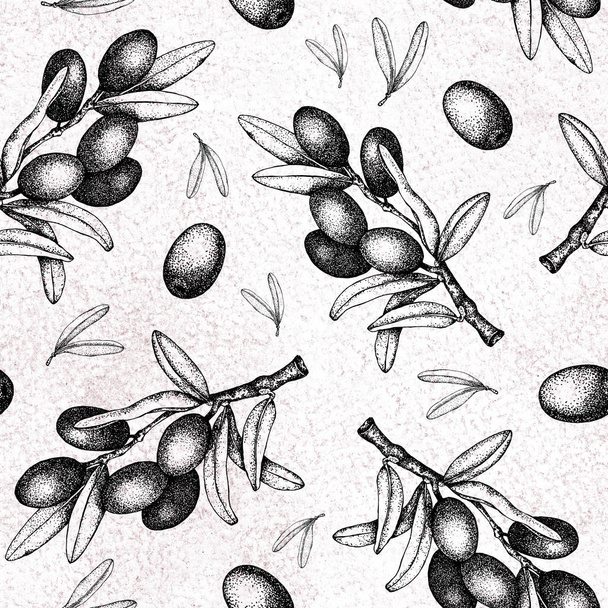 Seamless pattern with an illustration of black and green olives on a white background with sprigs and leaves. Design for olive oil, packaging, natural cosmetics, health products, wallpapers - Photo, Image