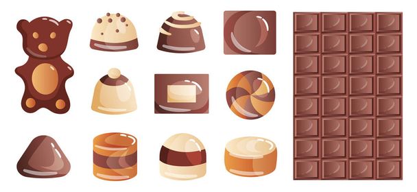 Zestaw barwnych czekoladowych deserów i cukierków z pudełek na przekąskę lub przerwę na kawę. Smaczne pyszności. Ilustracja wektora na białym tle - Wektor, obraz