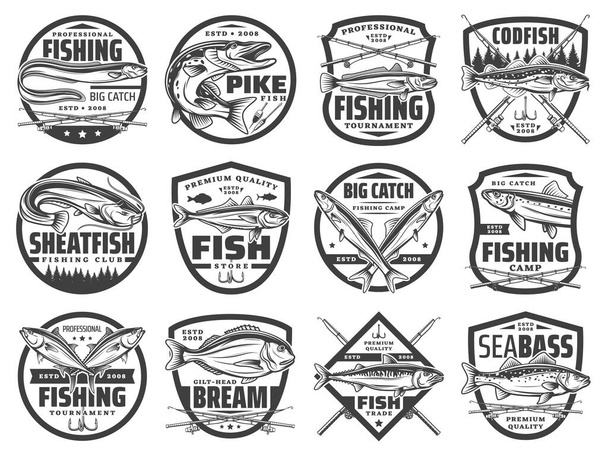 釣竿、魚、釣り針。漁師クラブ - ベクター画像