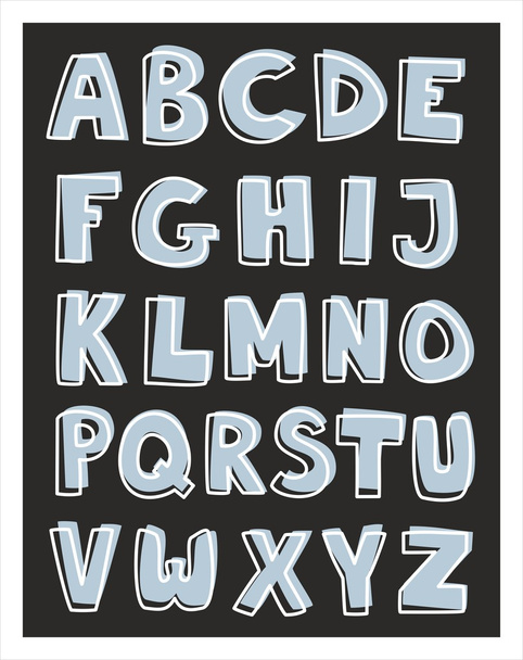 Alphabet letters hand drawn vector set isolated on dark background. Kids doodle abc white and blue cartoon sign collection. - Vektör, Görsel