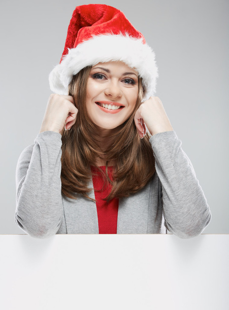 Woman in santa hat with blank banner - Zdjęcie, obraz
