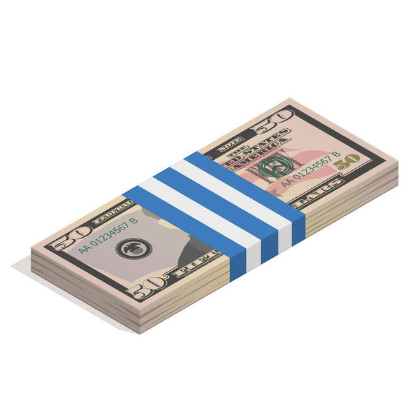 Bank packaging of fifty dollar bills, bundle of US banknotes, pile of cash, paper money. The concept of financial success and wealth. Isometric vector illustration isolated on white background - Vector, Image