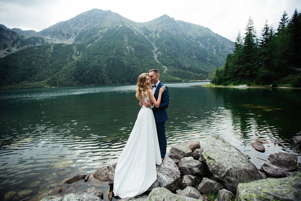 bride with beautiful white dress and bride overlooking beautiful green mountains and lake with blue water - Zdjęcie, obraz