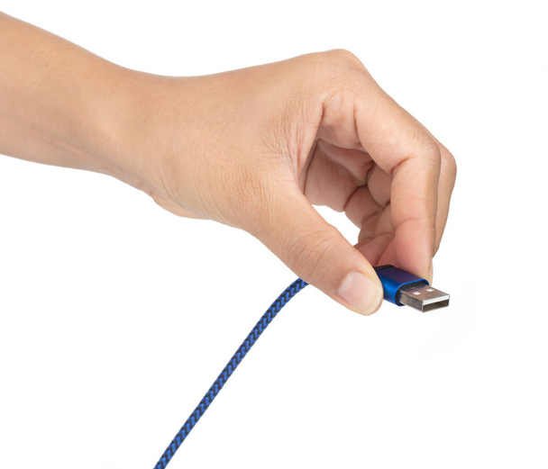 Ruční držení Blue Usb kabel izolované na bílém pozadí - Fotografie, Obrázek