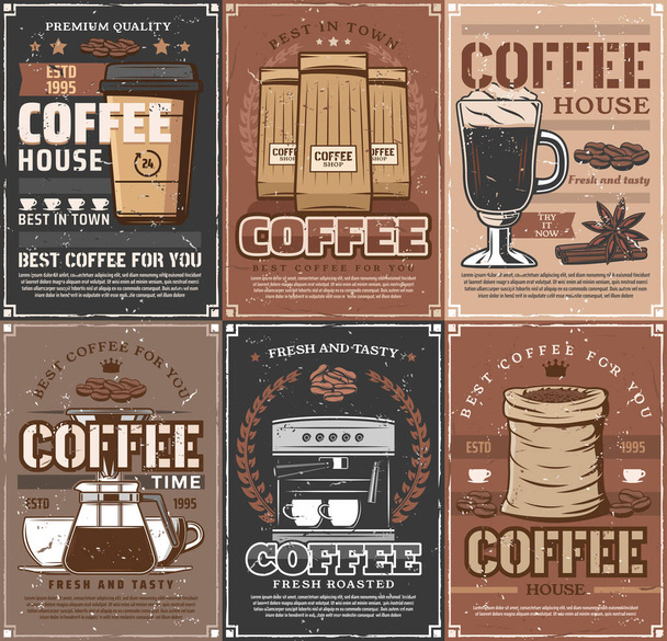 Coffee cups, pot, espresso machine, roasted beans - Vector, Image