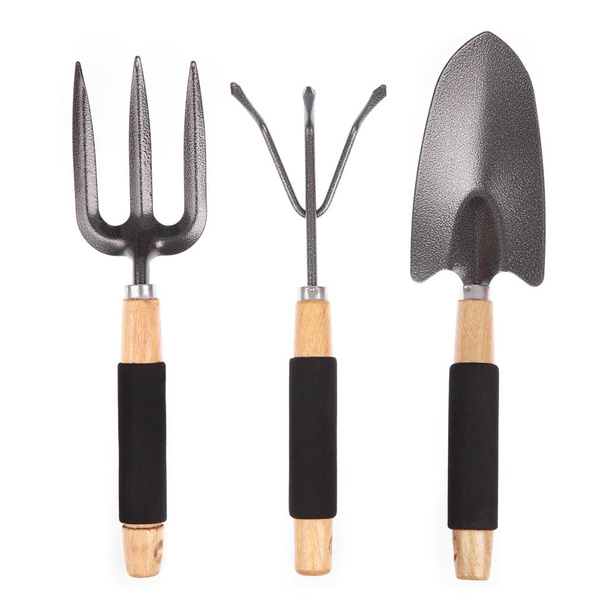 Set of Black Steel rake and shovel isolated on a white backgroun - Photo, Image