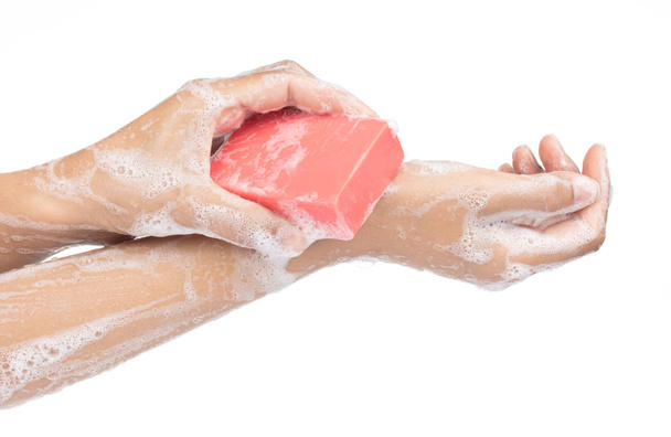 Washing hand with soap isolated on white background - Photo, Image