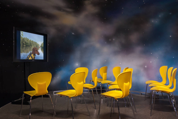 Home TV sala de cine interior con sillas amarillas modernas y animales perro demostración de película itinerante
. - Foto, Imagen