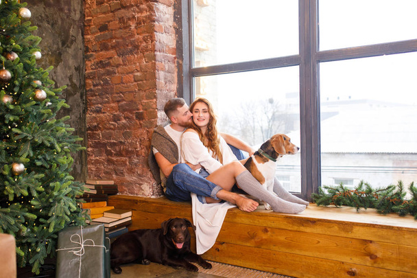 young beautiful couple is sitting at the window with two dogs in a loft apartment - Фото, зображення