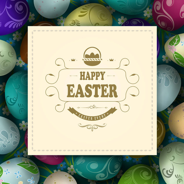 Easter composition with a square frame with interwoven braid, a set of wonderful Easter eggs of various patterns - Vector, imagen
