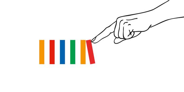 Index vinger van een hand die de eerste domino duwt en een kettingreactie veroorzaakt - Vector, afbeelding