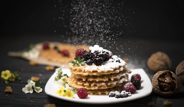 Fresh viennese waffles with berries on blank background - Foto, Imagem