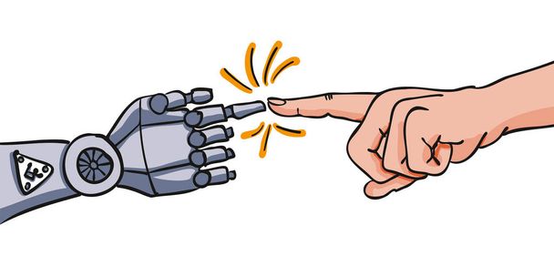 Robotların insan-robot etkileşimine işaret eden işaret parmağıyla insan eli. - Vektör, Görsel