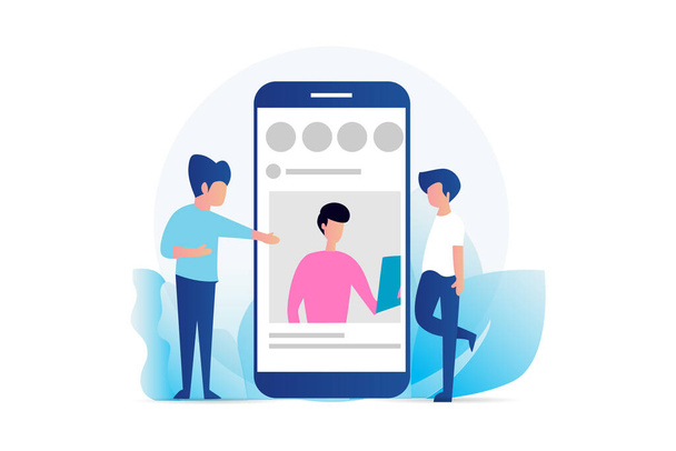 social media profile. social media marketing vector concept illustration, happy woman and men give like comment on Instagram, can use for, landing page, template, ui, web, homepage, poster - Vector, Image