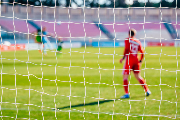 Soccer photo, football net, goalkeeper in background - Fotoğraf, Görsel