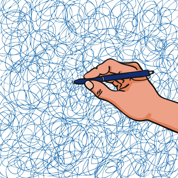 Рука, держащая ручку, пишет хаотичные каракули синими линиями на всей странице, показывая эмоциональное замешательство и хаос.
 - Вектор,изображение