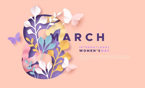 Women's day 8 march pink papercut spring card - Vetor, Imagem
