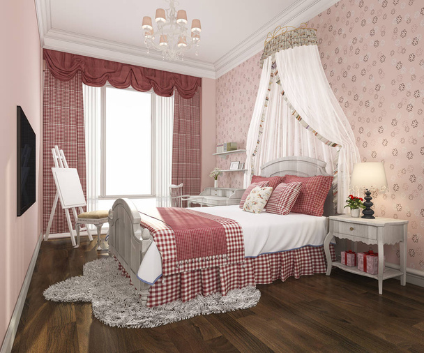 3d rendering beautiful pink pastel vintage kid bedroom - Foto, Bild