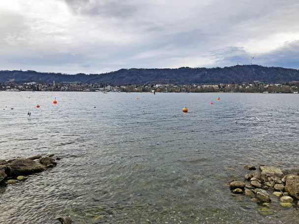 Zurich Lake (Zurichsee or Zuerichsee) in the area of Zurichhorn Park (Zuerichhorn) and the Tiefenbrunnen public bath - Zrich, Switzerland - Photo, Image