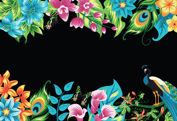 Summer tropical background frame banner with peacock, palm leaves and hibiscus flowers. Vector floral background. - Vector, imagen
