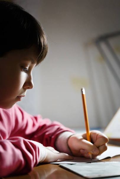 Asian schoolgirl does homework in the evening. - Foto, Imagen