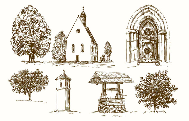 Igreja rural rural. Conjunto desenhado à mão
. - Vetor, Imagem