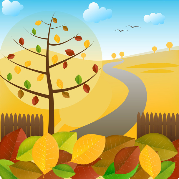 Paisagem de outono e folhas coloridas
 - Vetor, Imagem