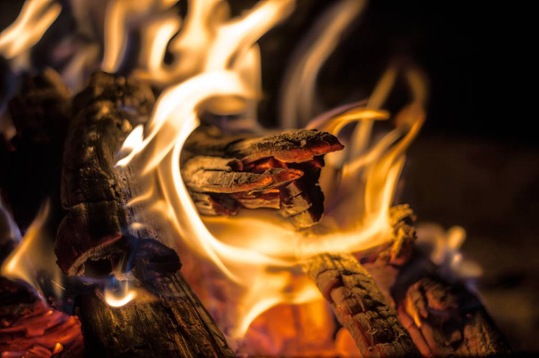 A closeup shot of a campfire with burning wood and an open flame at night - Foto, imagen