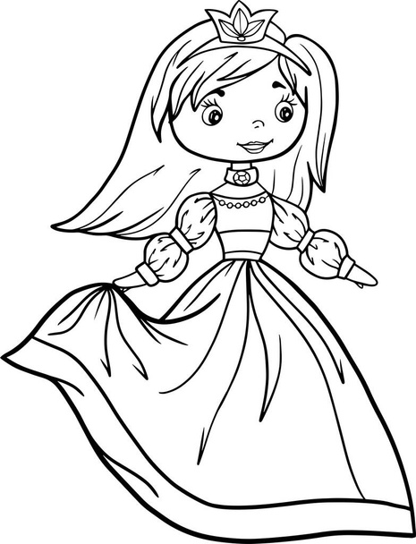 little princess girl coloring book outline stroke illustration baby cute character vector page queen crown fairy tale - Vector, Image
