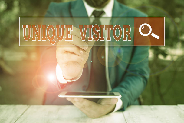 Conceptual hand writing showing Unique Visitor. Business photo showcasing Individuals who have visited a Web site at least once. - Photo, Image