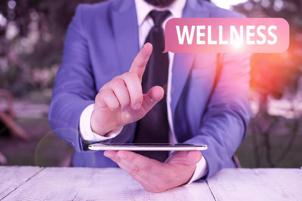 Writing note showing Wellness. Business photo showcasing state of being in good health especially as actively pursued goal Businessman with pointing finger in front of him. - Foto, imagen