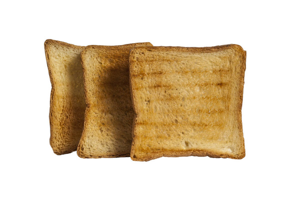 白い背景に3つのラスクパンが隔離されています。おいしいトーストゴールデントーストパン - 写真・画像
