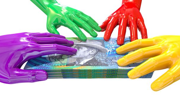 Mãos coloridas agarrar em dólares australianos
 - Foto, Imagem