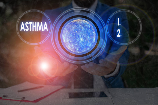 Text sign showing Asthma. Conceptual photo Respiratory condition marked by spasms in the bronchi of the lungs Elements of this image furnished by NASA. - Photo, Image