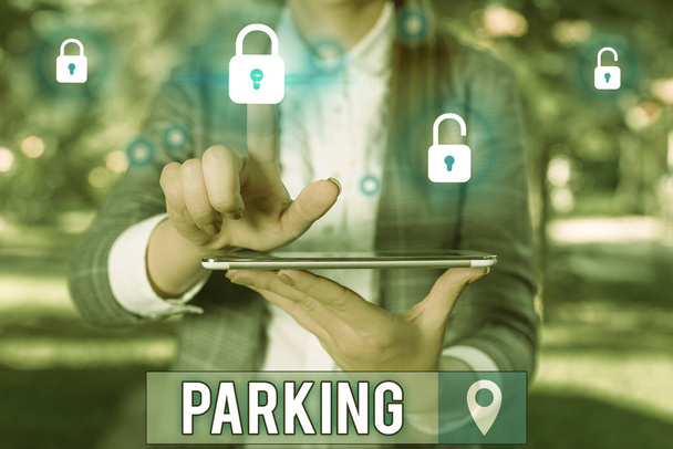 Écriture manuscrite de texte Parking. Concept signifiant laisser un véhicule dans un endroit particulier pendant un certain temps
. - Photo, image