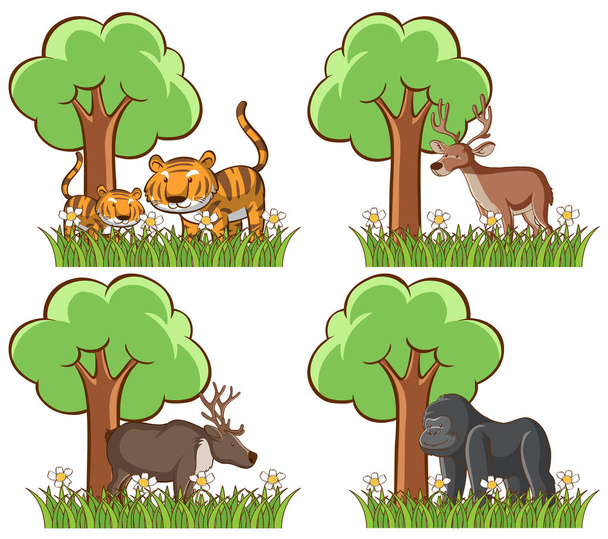 Joukko villieläimiä puistossa lampi ja puu
 - Vektori, kuva