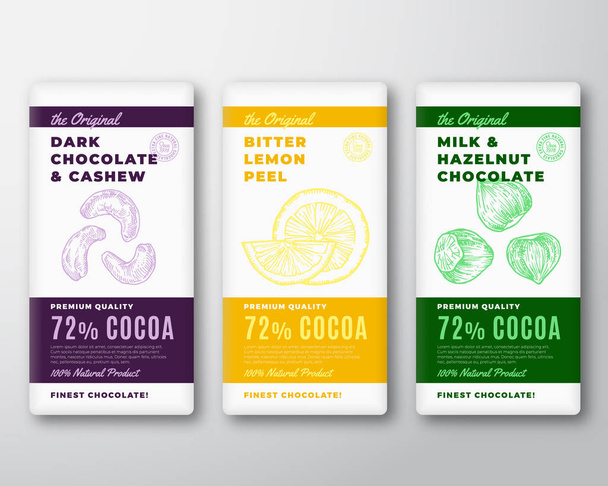 The Original Finest Chocolate Abstract Vector Packaging Design Label. Modern Typography and Hand Drawn Cashew and Hazelnut Nuts with Bitter Lemon Sketch Silhouette Background Layout. - Wektor, obraz