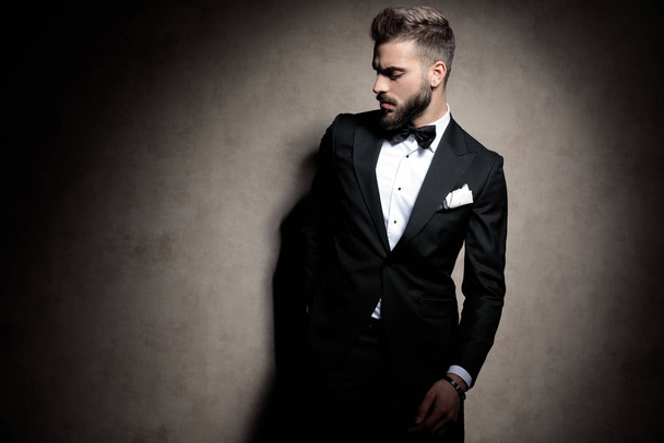 elegant fashion man in tuxedo posing in a fashion light - Photo, Image