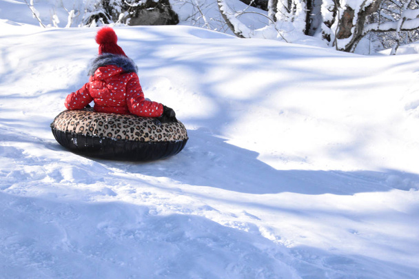 Lapsi punaisessa takissa ja hattu istuu kelkassa, ympärillä on paljon lunta. Todellinen talvi, kylmä, lumi ja halla
. - Valokuva, kuva