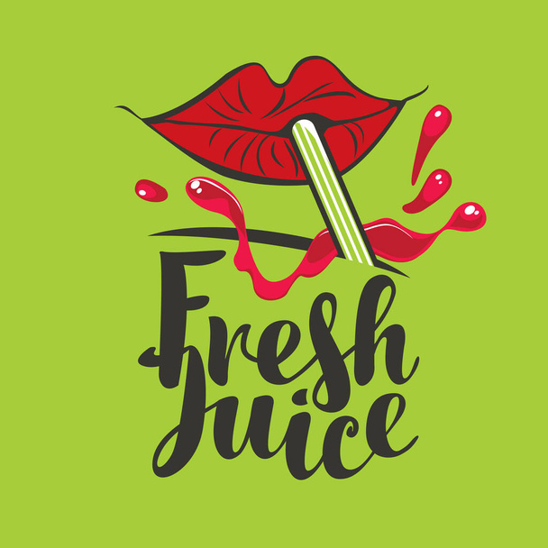 banner for fresh juice with lips, straw and red splashes - Vector, Image