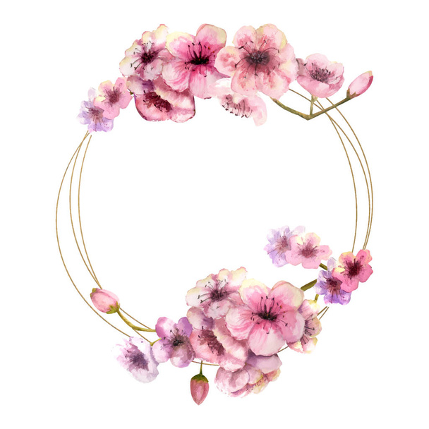 Вишневий цвіт, вишневий цвіт Гілка з рожевими квітами в золотій круглій рамці на білому ізольованому фоні. Зображення весни. Рамка. Акварельна ілюстрація. Елемент дизайну
 - Вектор, зображення