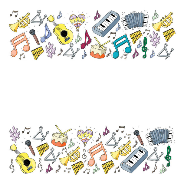 De achtergrond van de muziek voor patronen. Vectorillustratie met muziekinstrumenten. - Vector, afbeelding