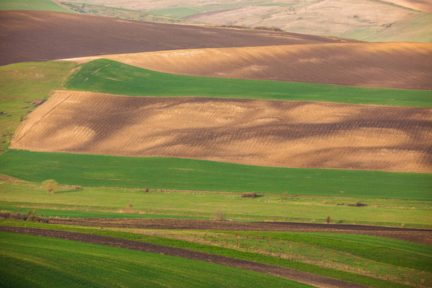 Rolling hills in spring. Agricultural farmland. - Фото, зображення