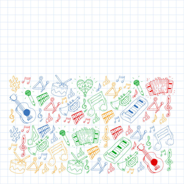 De achtergrond van de muziek voor patronen. Vectorillustratie met muziekinstrumenten. - Vector, afbeelding
