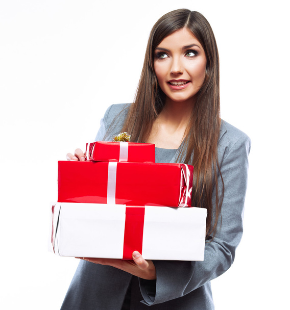Portrait of business woman holding gift boxes - 写真・画像